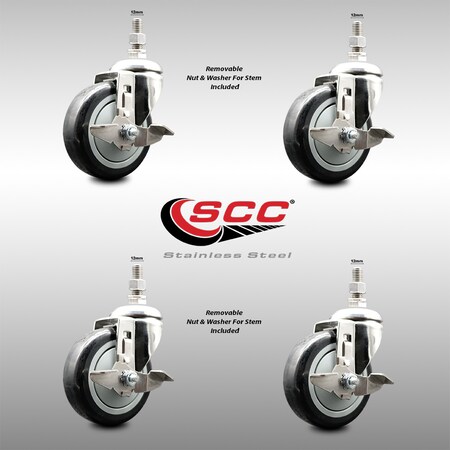 Service Caster 4 Inch 316SS Black Polyurethane Swivel 12mm Threaded Stem Caster Set Brake SS316TS20S414-PPUB-BLK-TLB-M1215-4